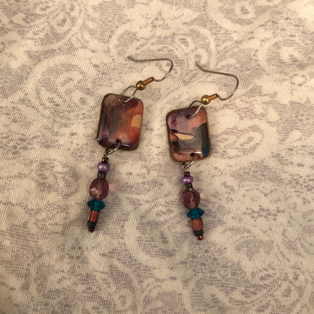 Handmade Abstract Enamel and Bead Purple Earrings
